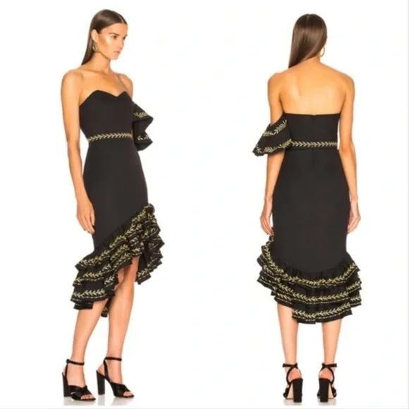 Caroline Constas Black Gold Cam Ruffle Embroidered Dress XS 0 - Picture 2 of 8